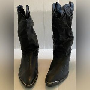 Vintage 80s Girls Black Leather Snake Print Cowgirl Boots